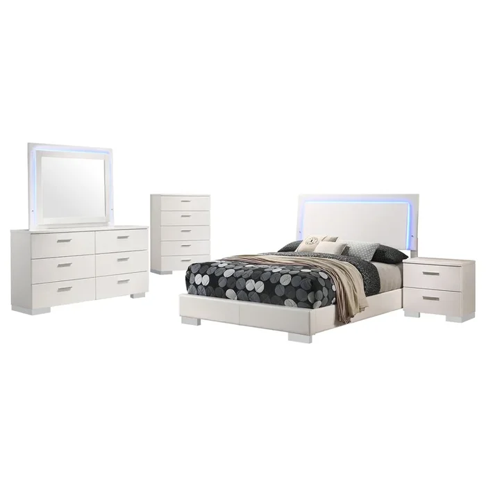 Sok 5pc Full Bedroom Set, Blue LED Lights, Faux Leather, White Wood