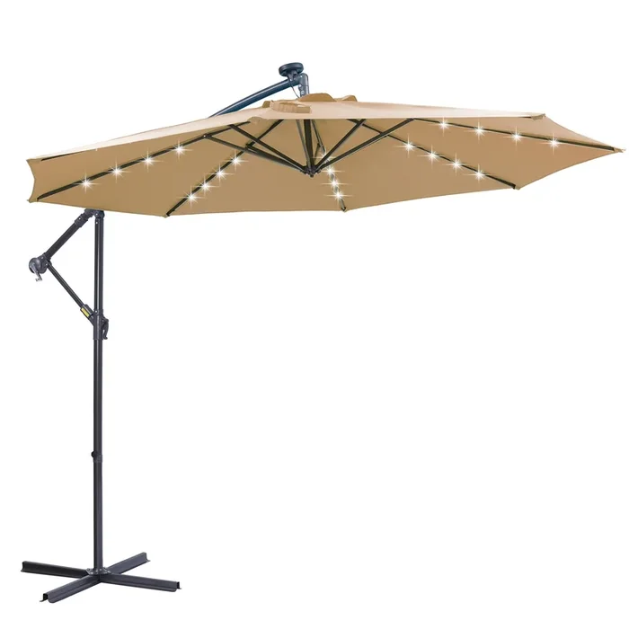 Solar LED Patio Umbrella with Hanging Cantilever Design and 32 LED Lights