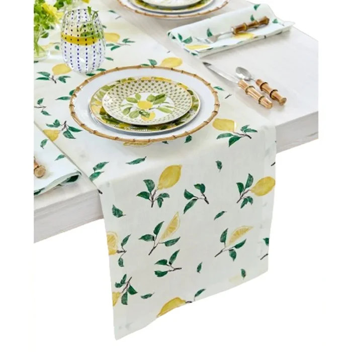 Solino Home 100% Pure Linen Table Runner – Botanical Lemon