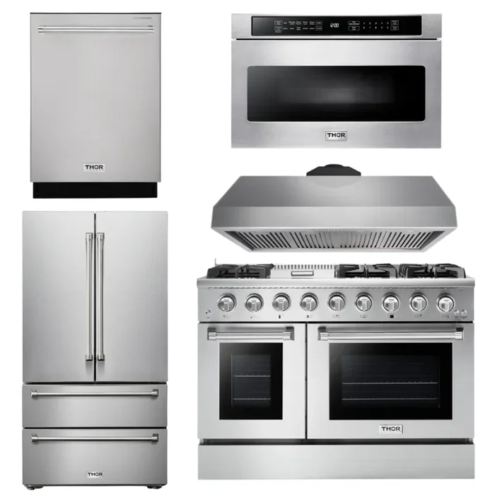 THOR Kitchen Package 48″ Gas Range, Range Hood, Refrigerator, Dishwasher, Microwave, AP-HRG4808U-7