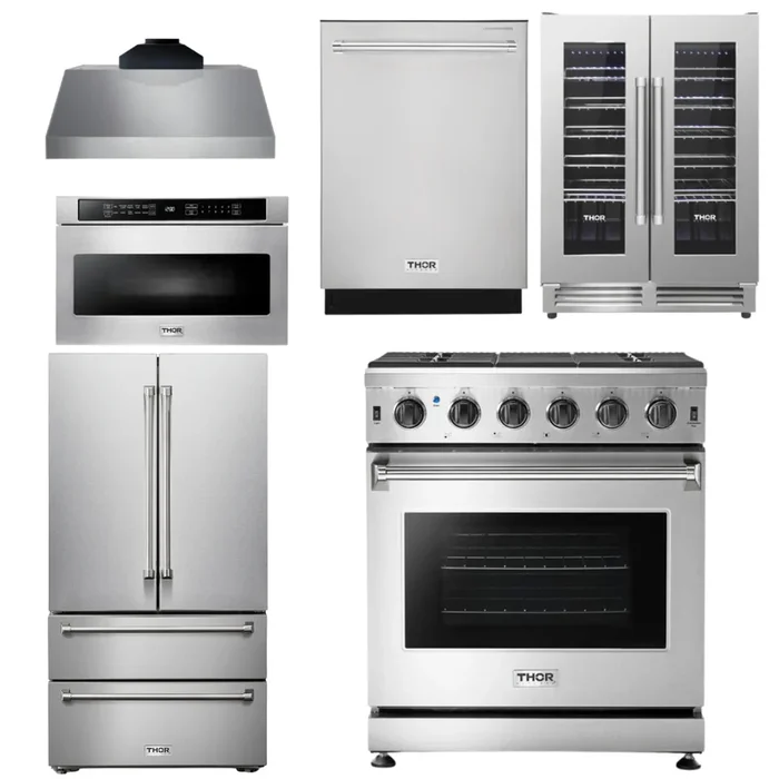 THOR Kitchen Package – 30″ Propane Gas Range, Range Hood, Microwave, Refrigerator, Dishwasher, Wine Cooler, AP-LRG3001ULP-C-6