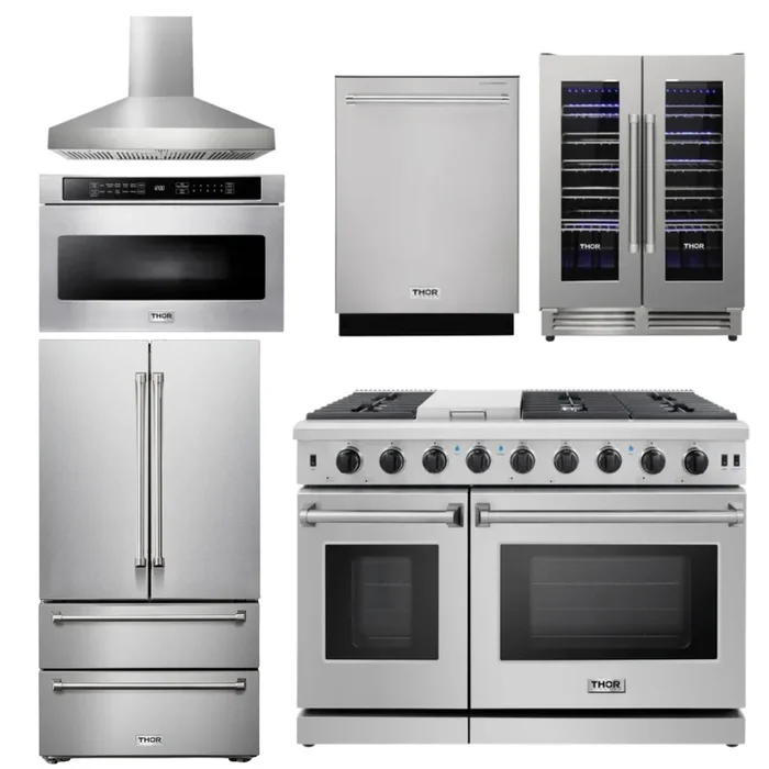 THOR Kitchen Package – 48″ Gas Range, Range Hood, Refrigerator, Dishwasher, Wine Cooler, Microwave, AP-LRG4807U-W-6