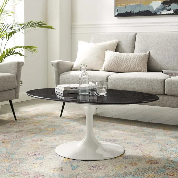 Tulip Style 42 ” Black Oval Artificial Marble Coffee Table