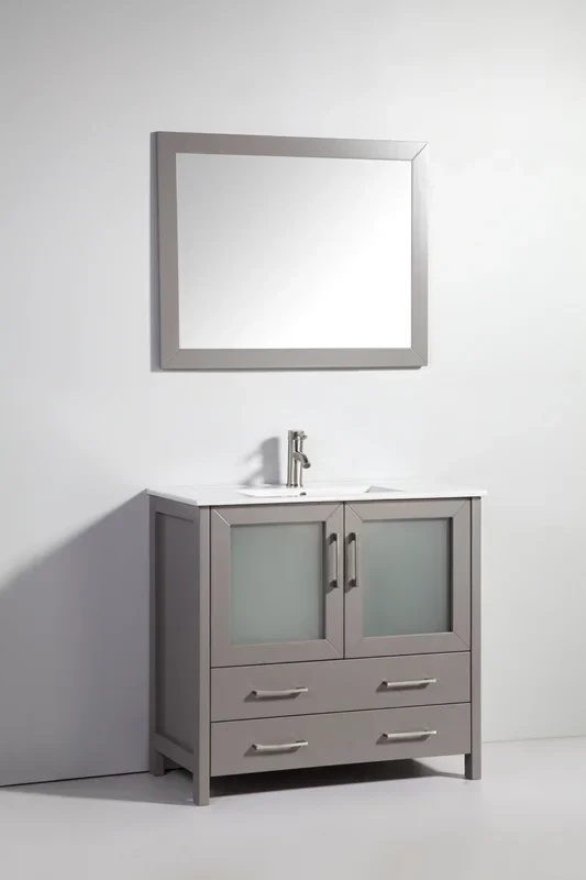 Vanity Art 36 in. Single Sink Vanity Cabinet (Wide) with Ceramic Sink & Mirror – Grey, VA3036G