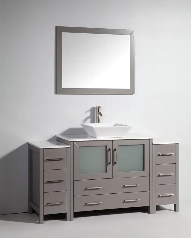 Vanity Art 60 in. Single Sink Vanity Cabinet (Wide) with Ceramic Vessel Sink & Mirror – Grey, VA3136-60G