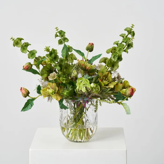 Verdant Meadow – Mixed Wild Greenery, Chartreuse Hellebores, Bells of Ireland & Thistle Everyday Centerpiece Water Illusion Arrangement