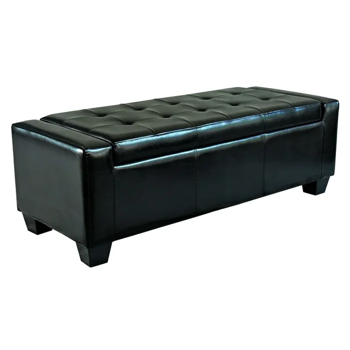 Versatile Black Beauty: 50.5″ Tufted Faux Leather Storage Ottoman