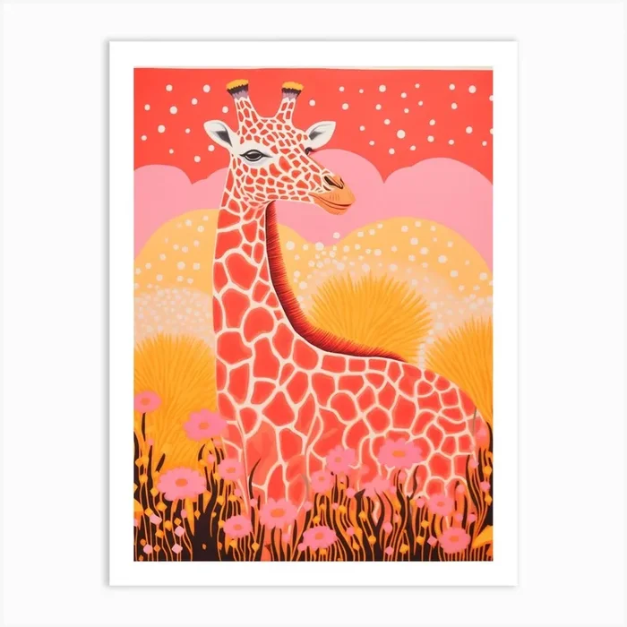 Vivid Orange & Pink Giraffe Art Print by AfricanWild Strokes