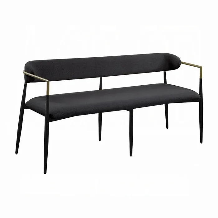 Vonn Long Bench, 62 Inch, Black Chenille, Padded Backrest, Metal Legs