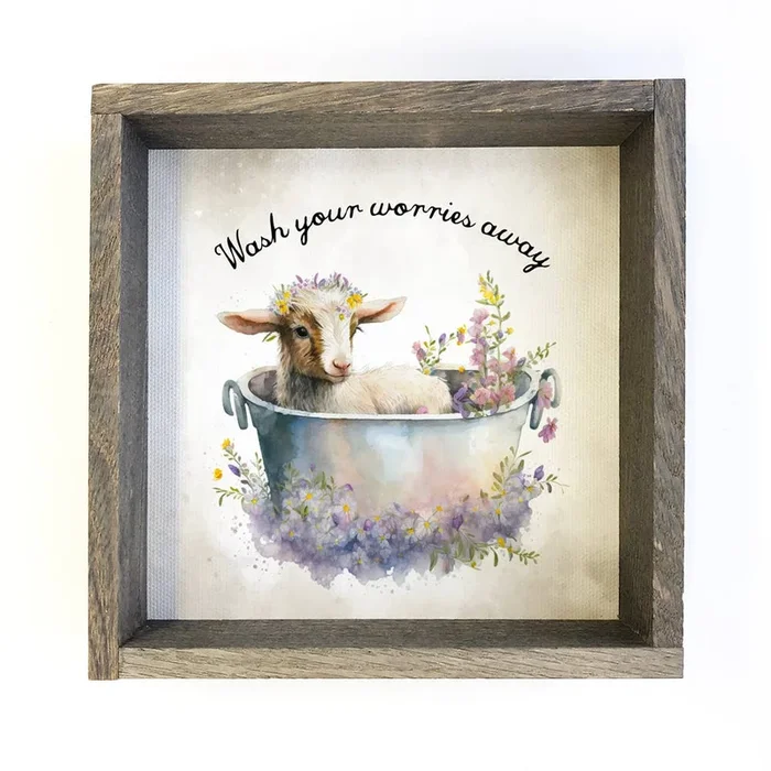 Wash Your Worries Goat Bath – Cute Animal Canvas Wall Art