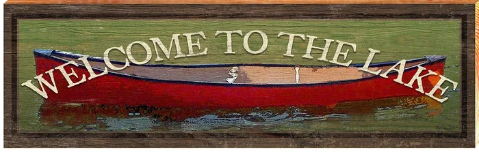 Welcome to the Lake Red Canoe Home Decor Art Print on Real Wood