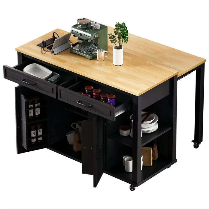 Whisen 47″ Kitchen Island with Extendable Dining Table, Rubber Wood Veneer Kitchen Table with Storage Rack and Power Outlet – Gray