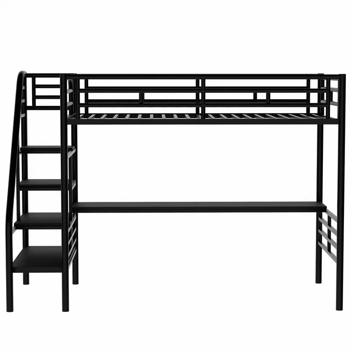 Whisen Metal Loft Bed Frame with Desk, No Box Spring Needed,Twin- Black