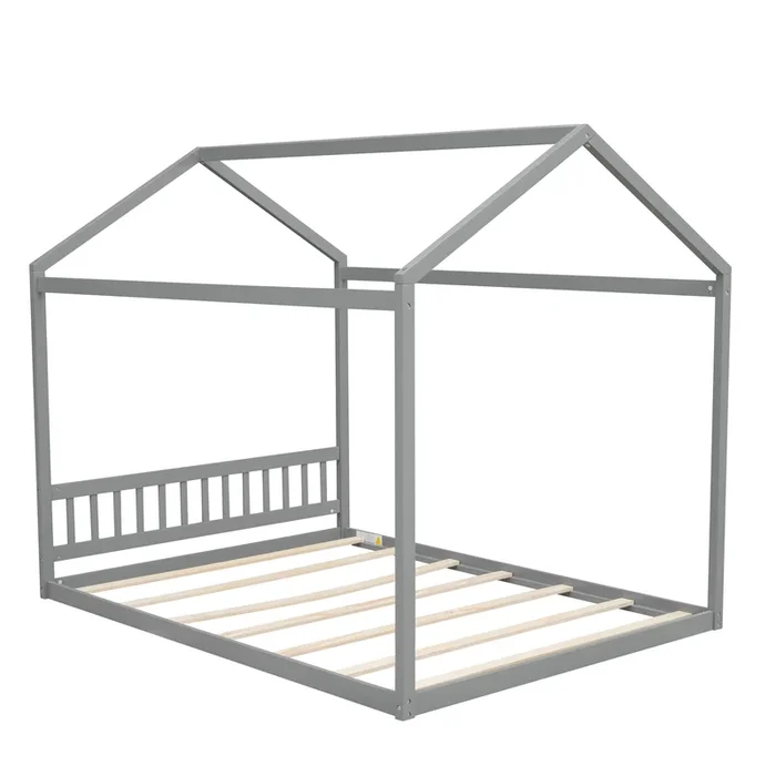 Whisen Queen Size Wooden House Bed, Minimalist Style Montessori Bed – Gray