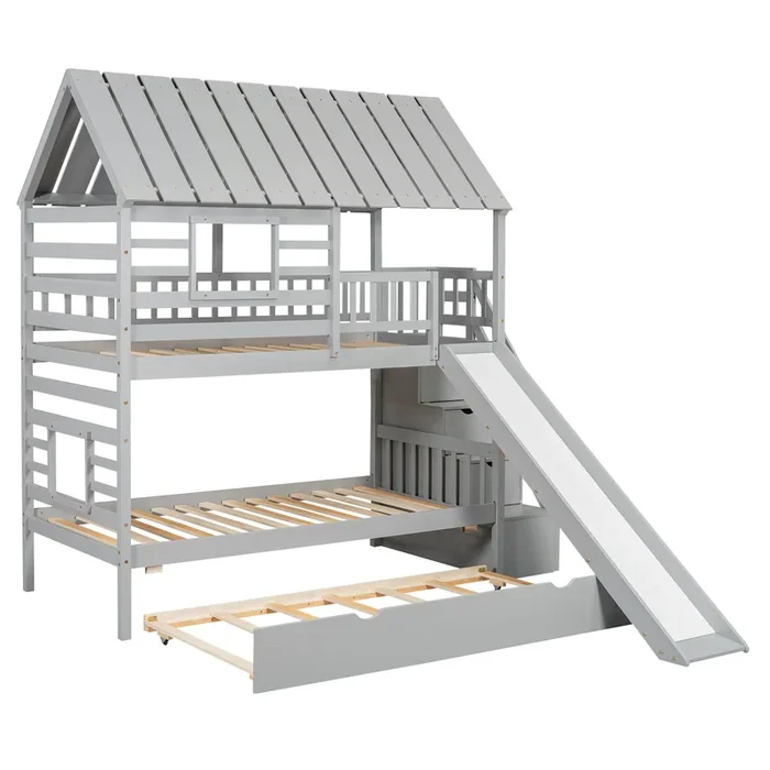 Whisen Twin over Twin House Bunk Bed with Trundle and Slide, Storage Staircase, Roof and Window Design – Gray