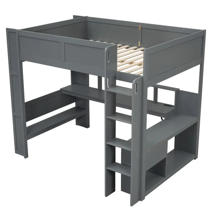 Whisen Wood Full Size Gaming Loft Bed with Desk, Multi-storage Shelves, LED and Charging Station – Dark Gray