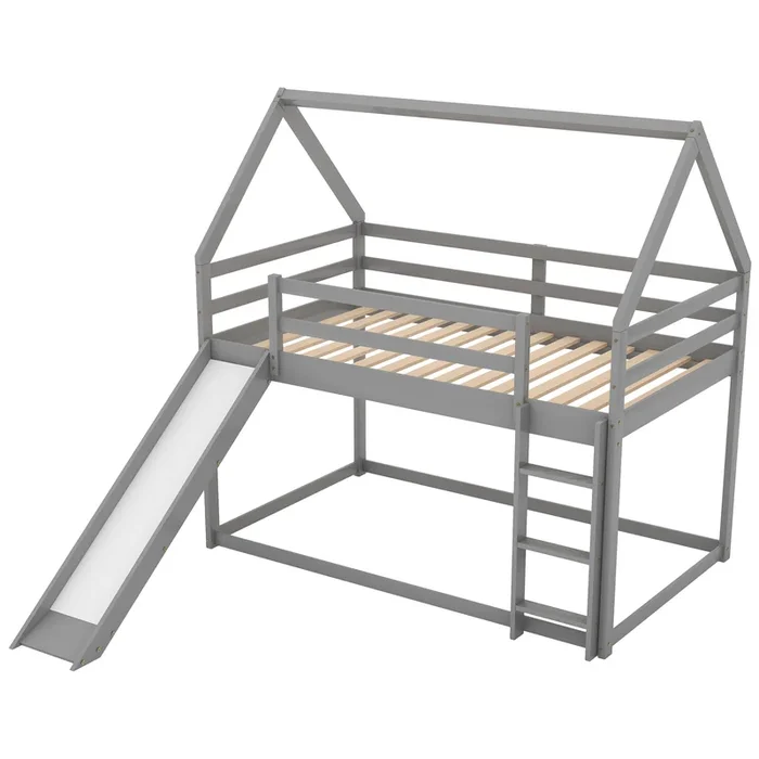 Whisen Wood Twin Size House-shaped Bunk Bed with Slide and Ladder – Gray