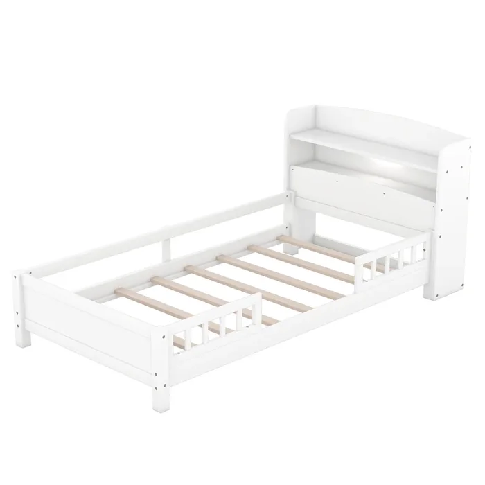 Whisen Wood Twin Size Platform Bed with Built-in LED Light, Storage Headboard and Guardrail