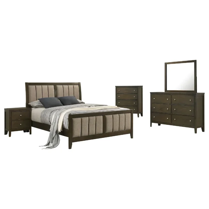 WIly 5 Piece Queen Bedroom Set, Dark Brown, Beige Upholstery, Nickel