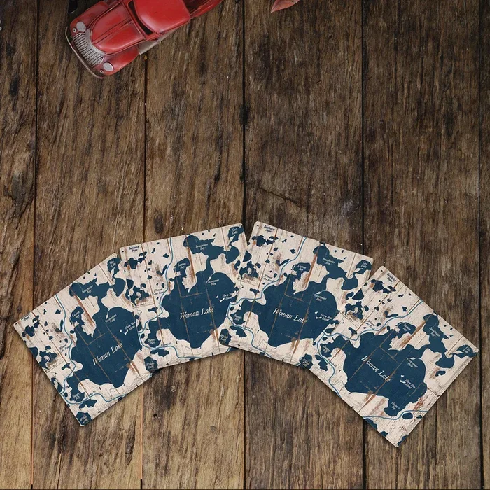 Woman Lake, Minnesota Map Coasters | Drink Coaster Set of 4 | Absorbent Ridged Ceramic with Cork Backing | Cass Lake Chain Girl Lake