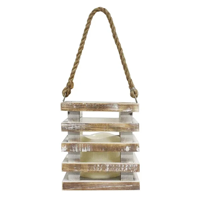 Wood Cutout Bars LED Lantern, 6″