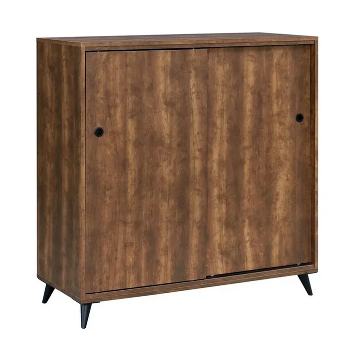 Wooden Shoe Cabinet with 2 Sliding Doors and Splayed Legs, Oak Brown – Benzara