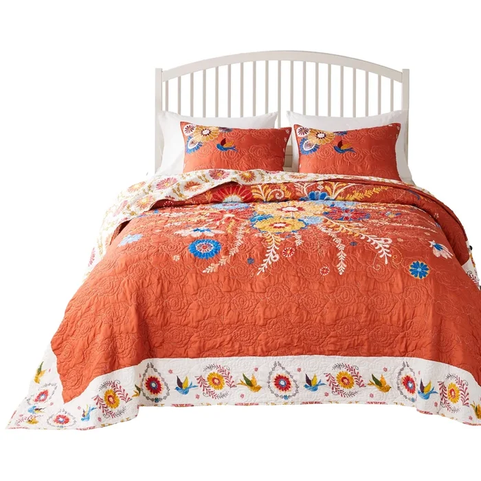 Xan 3pc Queen Bedspread and Pillow Sham Set, Bouquet Print, Multicolor – Benzara