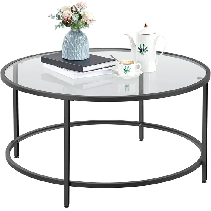 Yaheetech 36″” Round Glass Coffee Table, Black Circle Coffee Table Center Table with Glass Top, Small Coffee Table for Living Ro