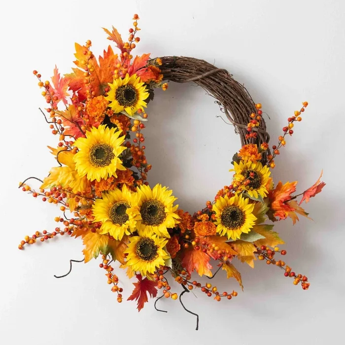 Yellow Sunflower, Red Autumn Maple Leaf, Golden Orange Mini Chrysanthemum & Rust Berry Asymmetrical Front Door Fall Wreath