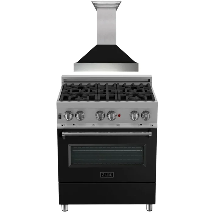 ZLINE 30 in. Dual Fuel Range in Satin Stainless Steel with Black Matte Door & 30 in. Range Hood Appliance Package, 2KP-RASBLMRH30