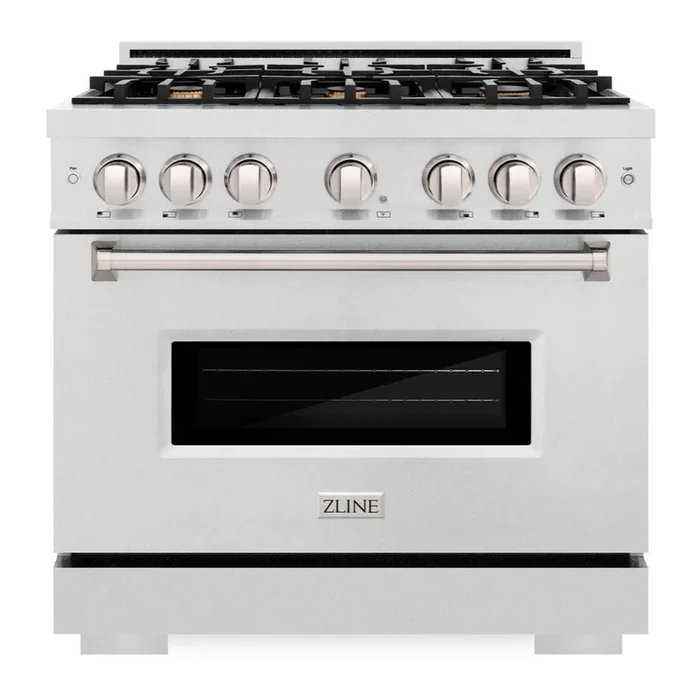 ZLINE 36″ 5.2 cu. ft. Classic Dual Fuel Range with Gas Cooktop and Electric Convection Oven in Satin Stainless Steel with 6 Brass Burners, CDRS-BR-36
