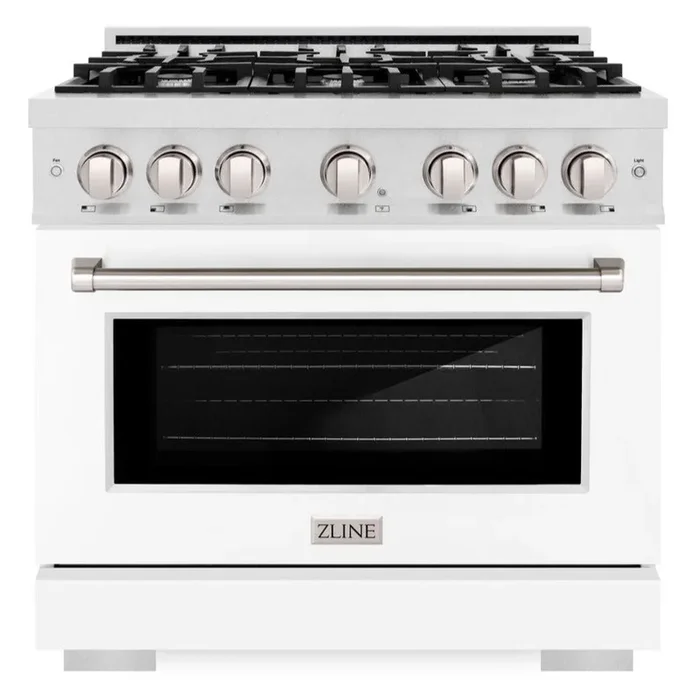 ZLINE 36″ 5.2 cu. ft. Select Gas Range with 6 Burner Cooktop and Convection Gas Oven in Satin Stainless Steel with White Matte Door, HGRS-WM-36