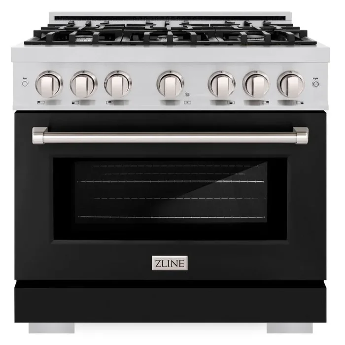 ZLINE 36″ 5.2 cu. ft. Select Gas Range with 6 Burners in Stainless Steel with Black Matte Door, HGR-BLM-36