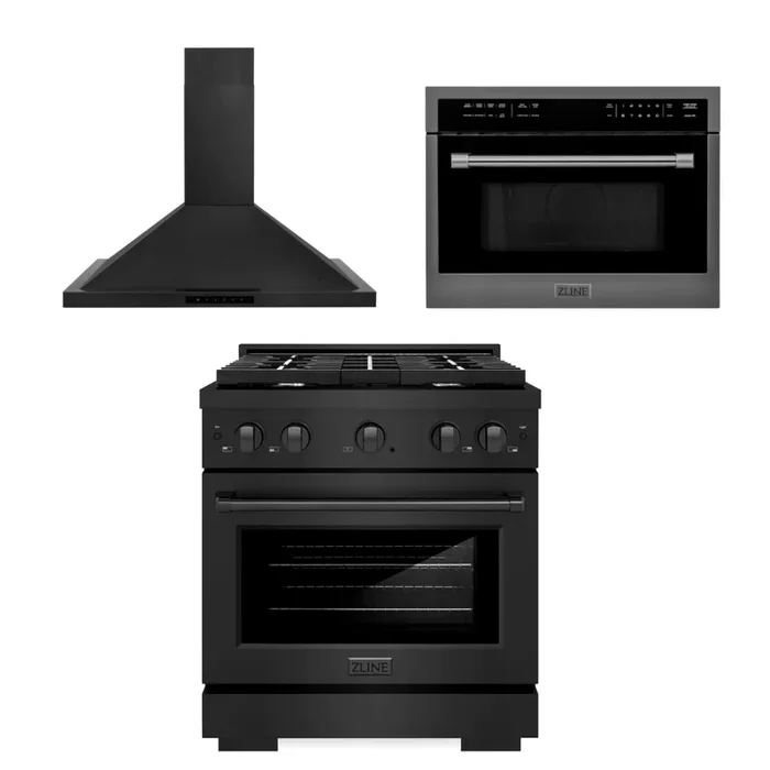 ZLINE Appliance Package – 30 In. Gas Range with Brass Burners, Microwave Oven, Range Hood in Black Stainless Steel, 3KP-SGRBRHMWO-30