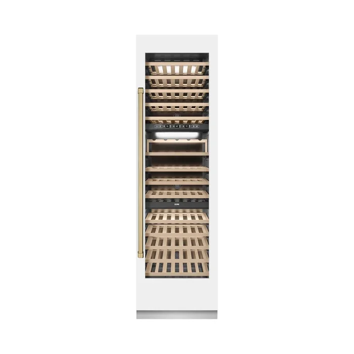ZLINE Autograph 24″ 12.4 cu. ft. Triple Zone 100 Bottle Column Wine Cooler in White Matte and Champagne Bronze Accents, RCWVZ-WM-24-CB