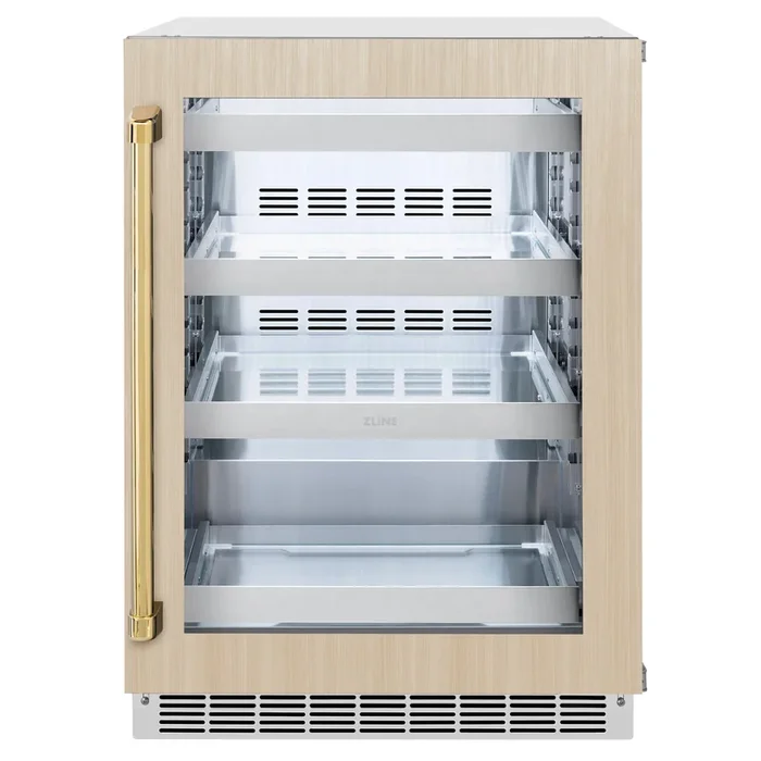 ZLINE Autograph 24″ Touchstone 151 Can Beverage Fridge with Panel Ready Glass Door and Polished Gold Handle, RBSPOZ-24-G
