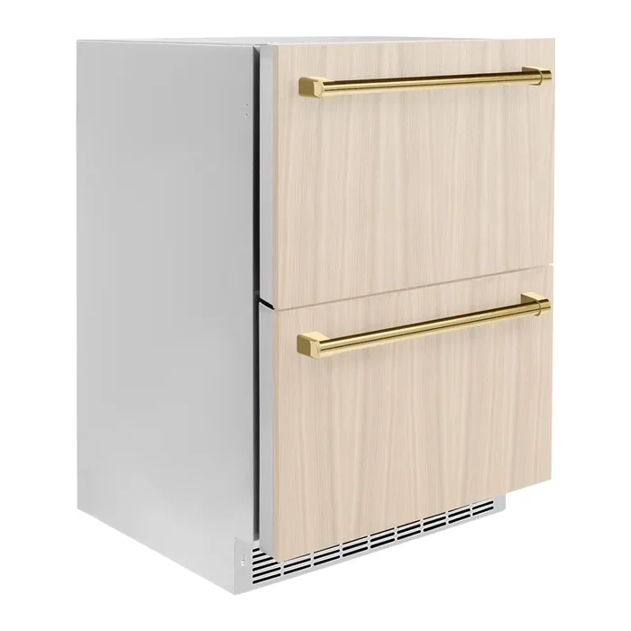 ZLINE Autograph 24″ Touchstone 168 Can Outdoor-Rated Refrigerator Drawer with Panel Ready Doors and 2 Polished Gold Handles, RDSPOZ-24-G