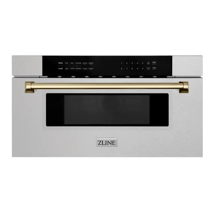 ZLINE Autograph 30″ 1.2 cu. ft. Built-In Microwave Drawer in Satin Stainless Steel with Champagne Bronze Accents, MWDZ-30-SS-CB