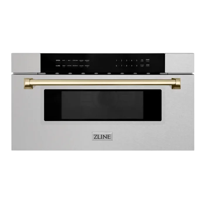 ZLINE Autograph 30″ 1.2 cu. ft. Built-In Microwave Drawer in Satin Stainless Steel with Polished Gold Accents, MWDZ-30-SS-G