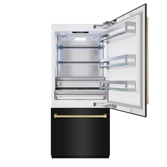 ZLINE Autograph 36″ 19.8 cu. ft. Built-In Bottom Freezer Refrigerator with Water Dispenser and Ice Maker in Black Stainless Steel and Champagne Bronze Accents, RBITZ-BS-36-CB