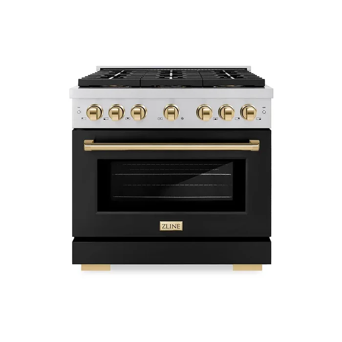 ZLINE Autograph 36″ 5.2 cu. ft. Paramount Dual Fuel Range with 6 Burner DuoPro™ Cooktop and Electric Convection Oven with Black Matte Door and Polished Gold Accents, PSDRZ-BLM-36-G