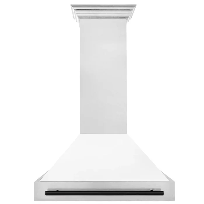 ZLINE Autograph 36″ Satin Stainless Steel Wall Mount Range Hood with White Matte Shell and Matte Black Handle, 8654SNZ-WM36-MB
