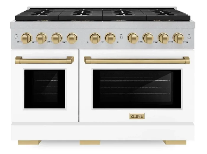 ZLINE Autograph 48″ 6.7 cu. ft. Paramount Double Oven Dual Fuel Range with 8 Burner Gas Cooktop in Satin Stainless Steel with White Matte Doors and Champagne Bronze Accents, SDRSZ-WM-48-CB